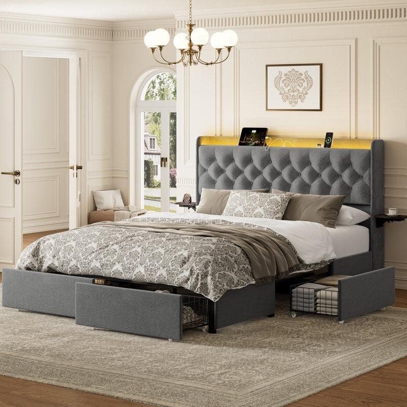 Gri Kadife Kumaş 4 Çekmeceli LED Işıklı ve Şarj İstasyonlu Karyola - 157x221 cm - 142390