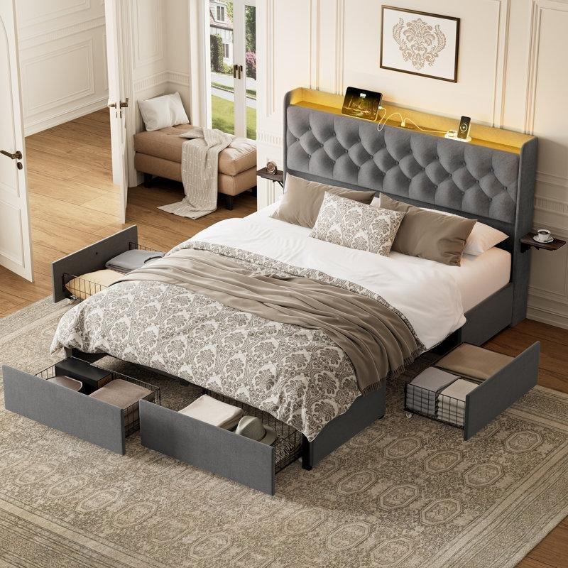 Gri Kadife Kumaş 4 Çekmeceli LED Işıklı ve Şarj İstasyonlu Karyola - 157x221 cm - 142390