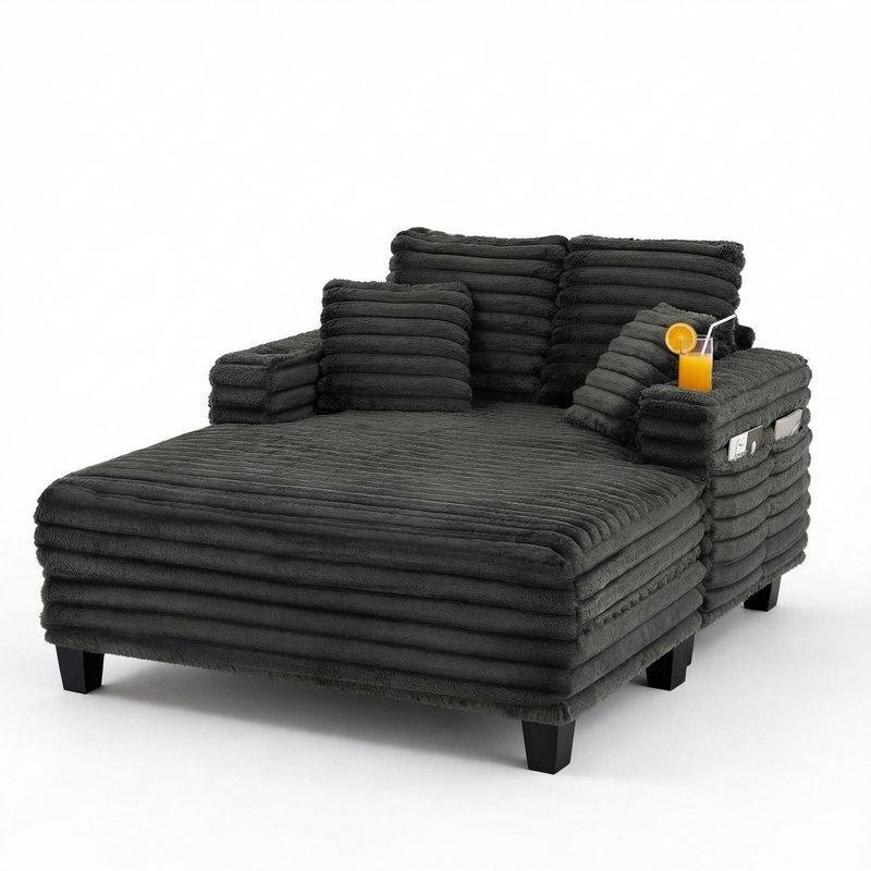 Gri Kadife Kumaş Masif Ahşap İskeletli Bardaklıklı Geniş Oturumlu Koltuk - 137x163 cm - 156415