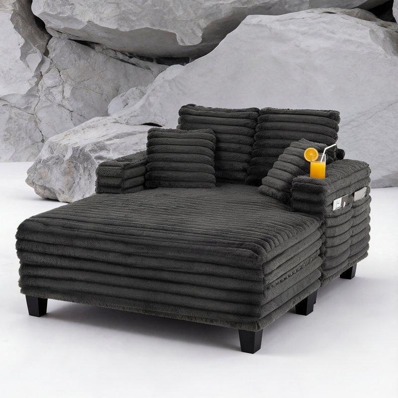 Gri Kadife Kumaş Masif Ahşap İskeletli Bardaklıklı Geniş Oturumlu Koltuk - 137x163 cm - 156415