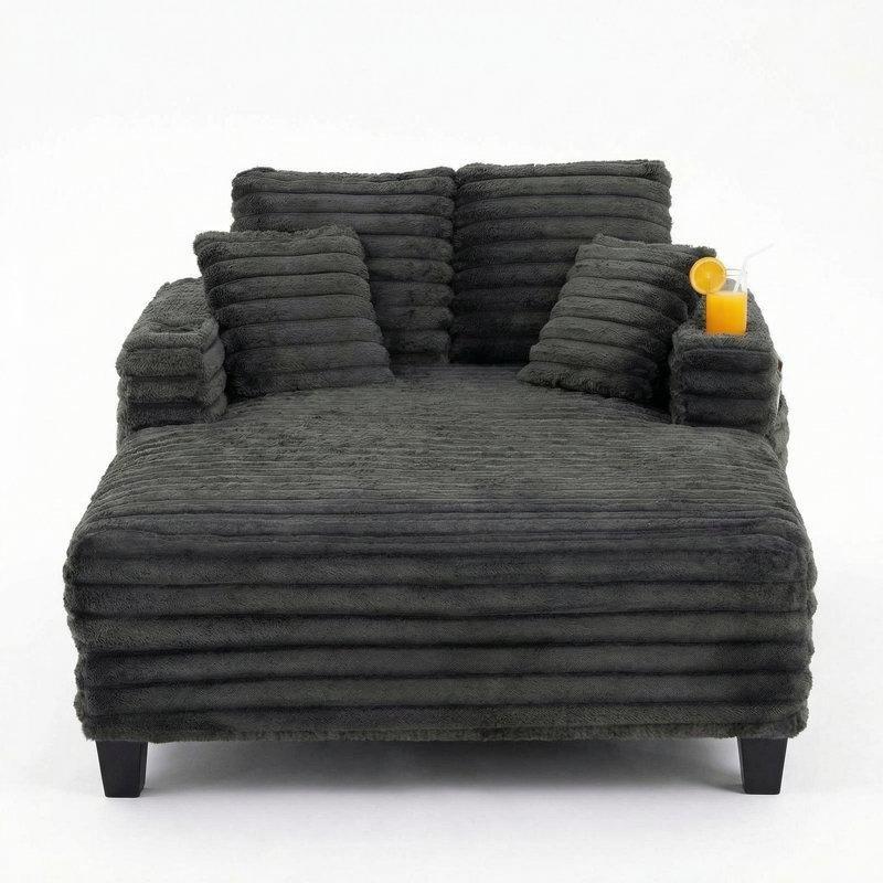 Gri Kadife Kumaş Masif Ahşap İskeletli Bardaklıklı Geniş Oturumlu Koltuk - 137x163 cm - 156415