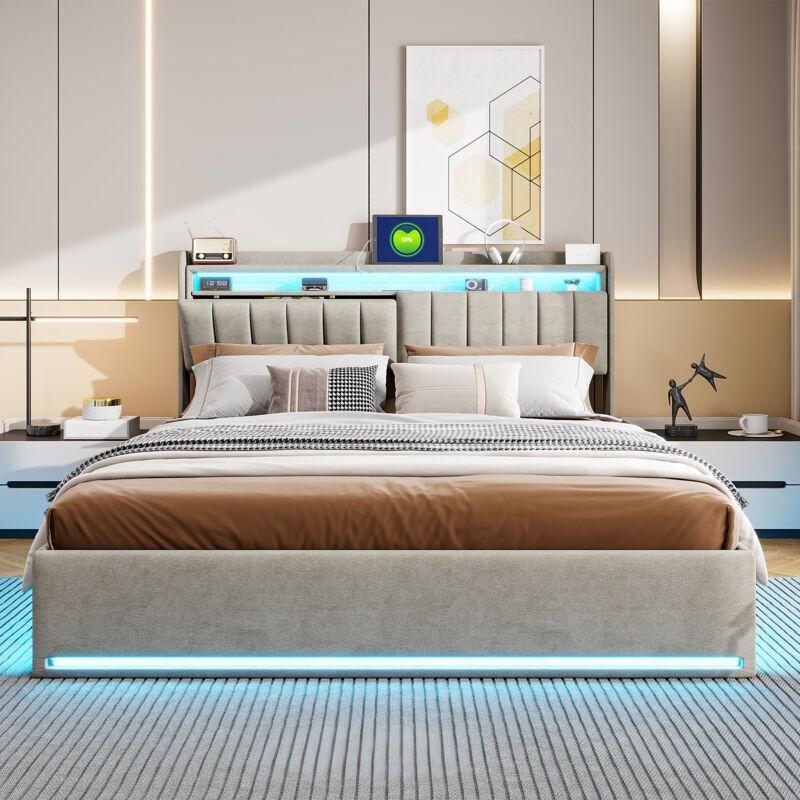 Gri Kadife LED Işıklı Sandıklı ve Raflı Başlıklı Baza - 140x200 cm - 144051