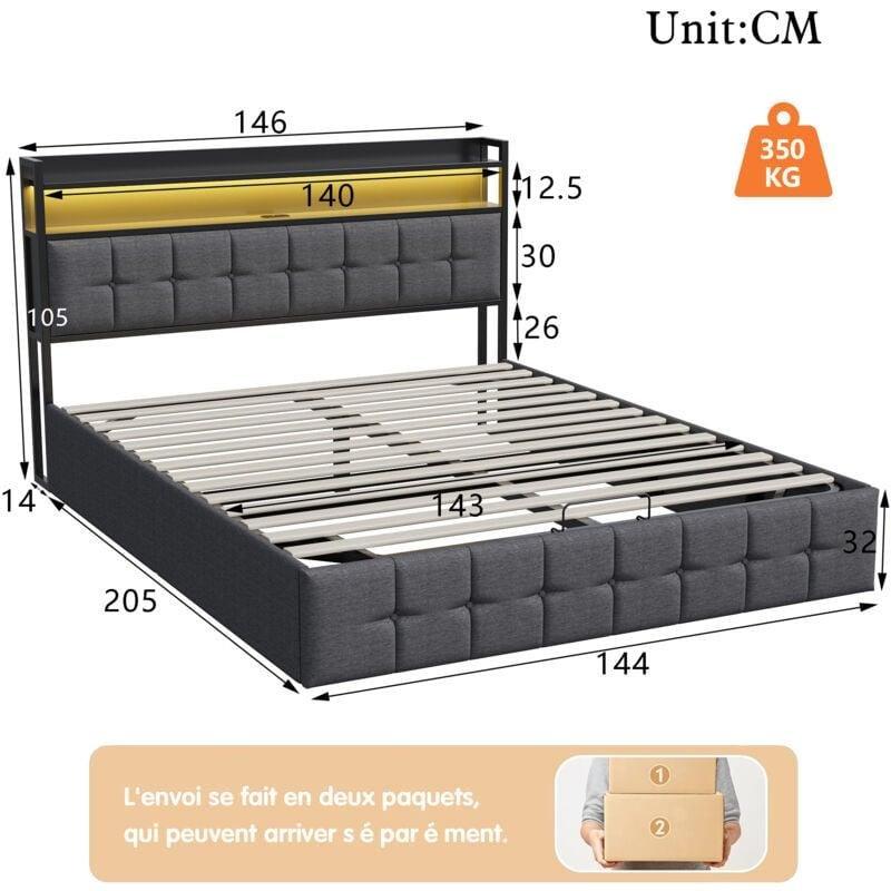 Gri Kadife LED Işıklı USB Şarjlı Raflı Sandıklı Baza - 140x200 cm - 143945