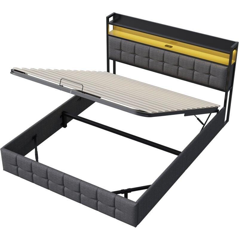 Gri Kadife LED Işıklı USB Şarjlı Raflı Sandıklı Baza - 140x200 cm - 143945
