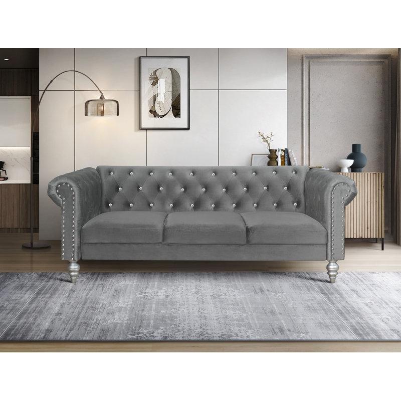 Gri Kadife Zımba Detaylı Chester Koltuk - 212 cm - 151759