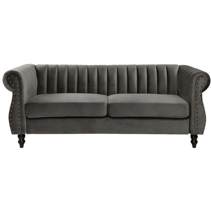 Gri Kadife Zımba Detaylı Chesterfield Koltuk - 195 cm - 152327