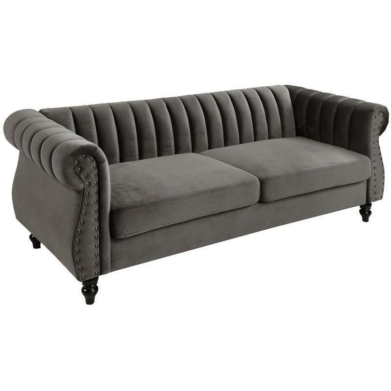 Gri Kadife Zımba Detaylı Chesterfield Koltuk - 195 cm - 152327