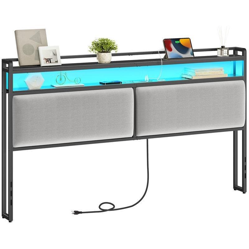 Gri Keten Döşemeli LED Işıklı Raflı Şarj İstasyonlu Yatak Başlığı - 193 cm - 144591