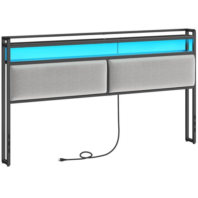 Gri Keten Döşemeli LED Işıklı Raflı Şarj İstasyonlu Yatak Başlığı - 193 cm - 144591