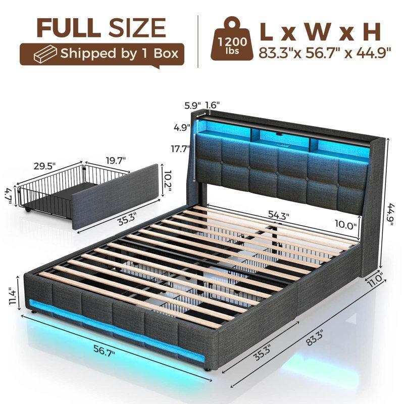 Gri Keten Döşemeli Metal LED Işıklı Şarj İstasyonlu 4 Çekmeceli Karyola - 145x212 cm - 142174