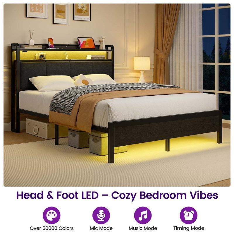 Gri Keten Döşemeli Metal LED Işıklı ve USB Şarj İstasyonlu Raflı Başlıklı Karyola - 140x210 cm - 142396