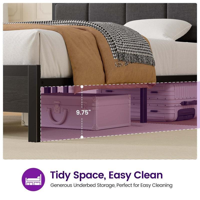 Gri Keten Döşemeli Metal LED Işıklı ve USB Şarj İstasyonlu Raflı Başlıklı Karyola - 140x210 cm - 142396