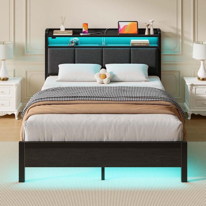 Gri Keten Döşemeli Metal LED Işıklı ve USB Şarj İstasyonlu Raflı Başlıklı Karyola - 140x210 cm - 142396