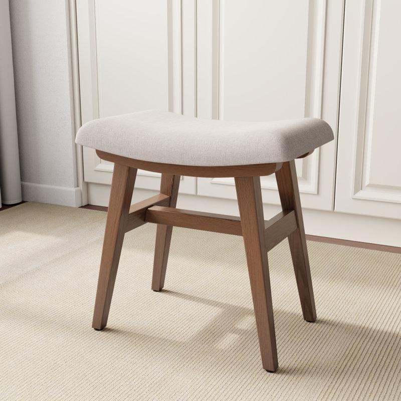 Gri Keten Kumaş Döşemeli Kahverengi Masif Ahşap Makyaj Sandalyesi - 42x42x24 cm - 146253