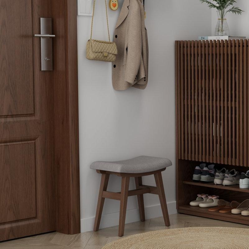 Gri Keten Kumaş Döşemeli Kahverengi Masif Ahşap Makyaj Sandalyesi - 42x42x24 cm - 146253