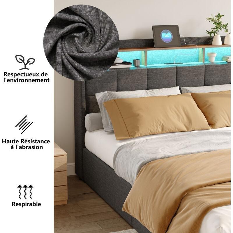 Gri Keten Kumaş Kapitoneli LED Işıklı USB Şarjlı 4 Çekmeceli Baza - 140x200 cm - 143781