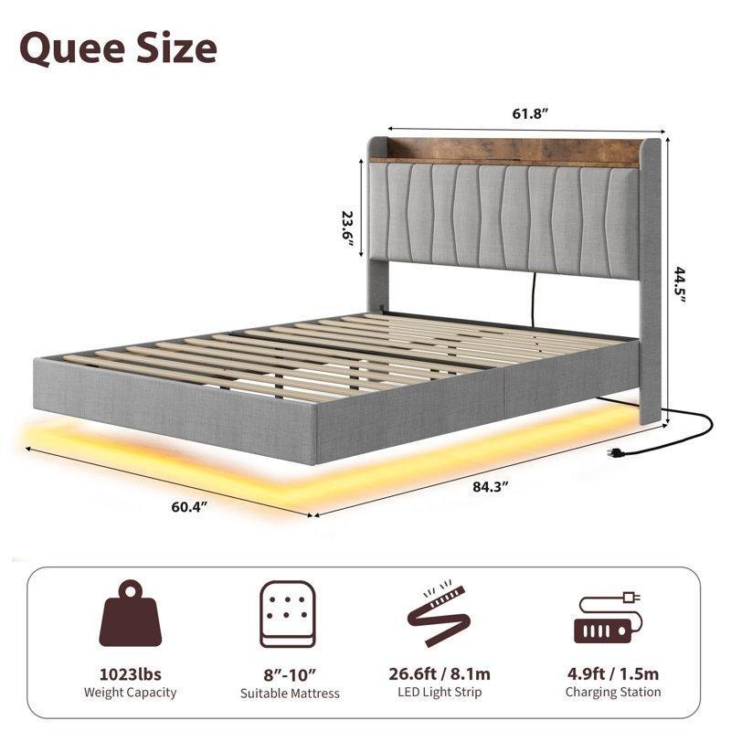 Gri Keten Kumaş Kaplı Metal LED Aydınlatmalı ve Şarj İstasyonlu Floating Karyola - 154x215 cm - 142339