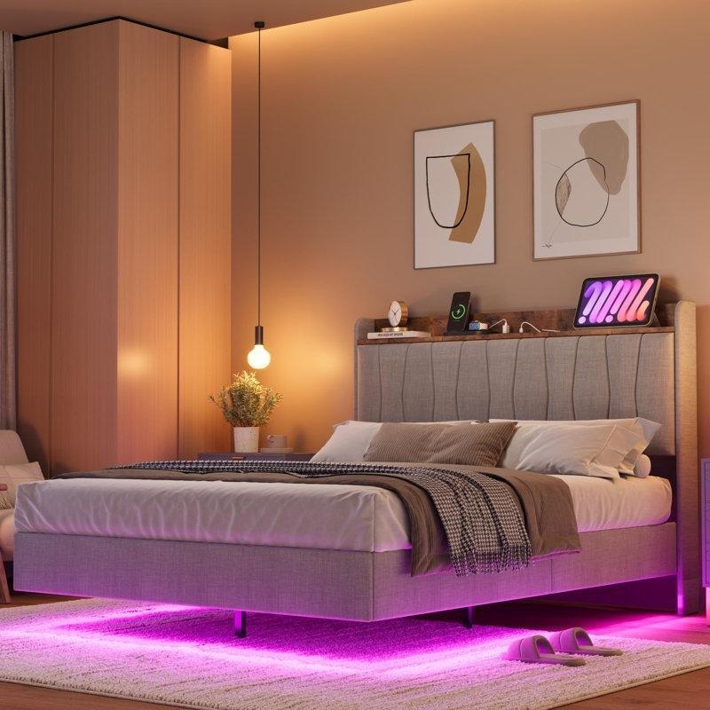 Gri Keten Kumaş Kaplı Metal LED Aydınlatmalı ve Şarj İstasyonlu Floating Karyola - 154x215 cm - 142339
