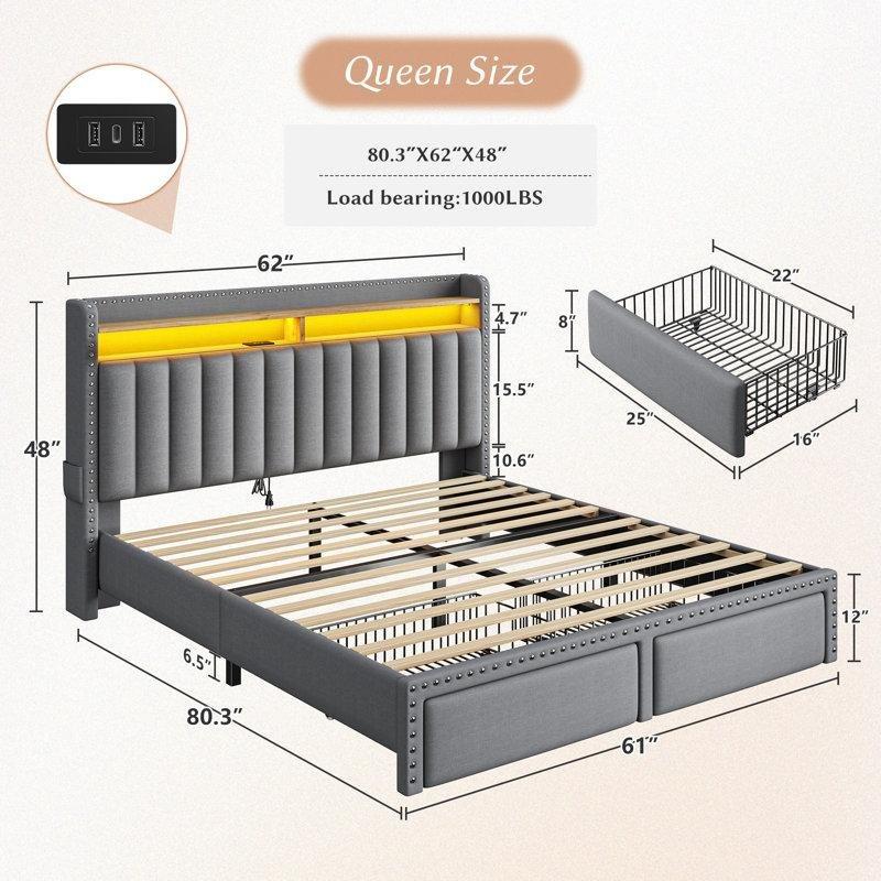 Gri Keten Kumaş LED Işıklı Şarj İstasyonlu ve Çekmeceli Karyola - 158x204 cm - 142180
