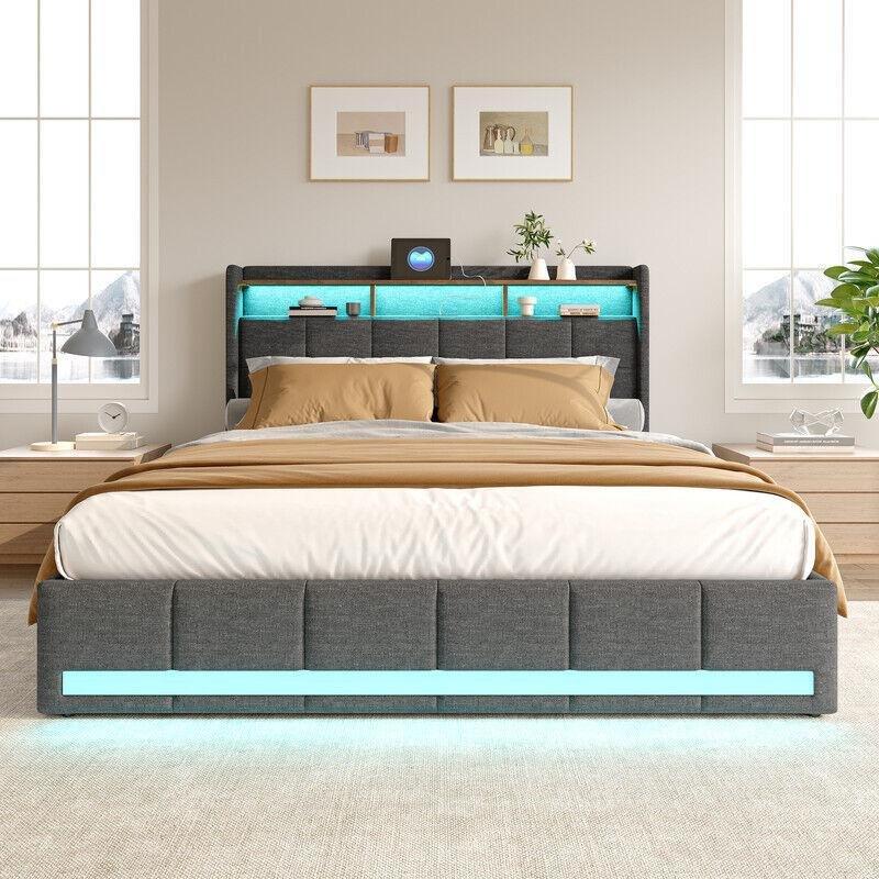 Gri Keten Kumaş LED Işıklı USB Şarjlı Çekmeceli ve Raflı Baza - 140x190 cm - 143917
