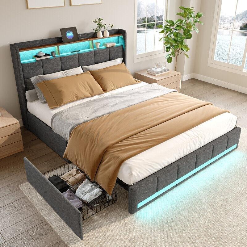 Gri Keten Kumaş LED Işıklı USB Şarjlı Çekmeceli ve Raflı Baza - 140x190 cm - 143917
