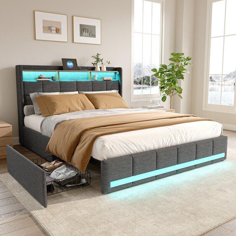 Gri Keten Kumaş LED Işıklı USB Şarjlı Çekmeceli ve Raflı Baza - 140x190 cm - 143917