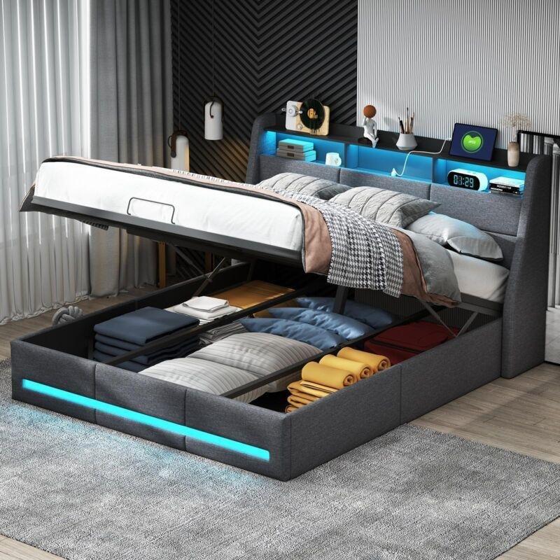 Gri Keten Kumaş LED Işıklı ve USB'li Hidrolik Amortisörlü Sandıklı Baza - 140x190 cm - 144048