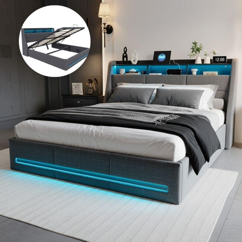 Gri Keten Kumaş LED Işıklı ve USB%27li Hidrolik Amortisörlü Sandıklı Baza - 140x190 cm - 144048