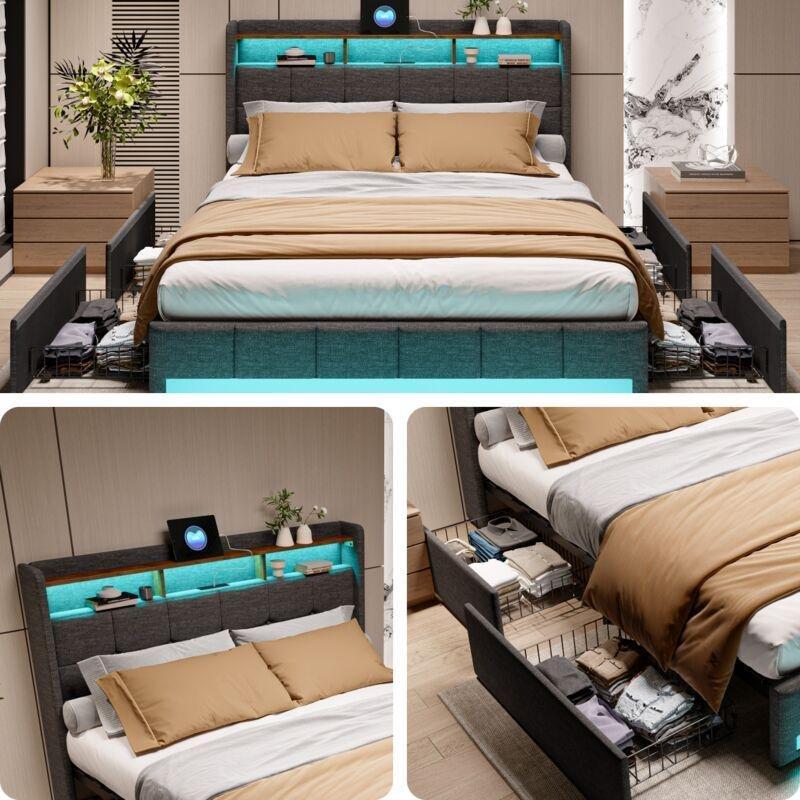 Gri Keten Kumaş USB Şarjlı LED Işıklı Çekmeceli Raflı Başlıklı Baza - 140x200 cm - 143784