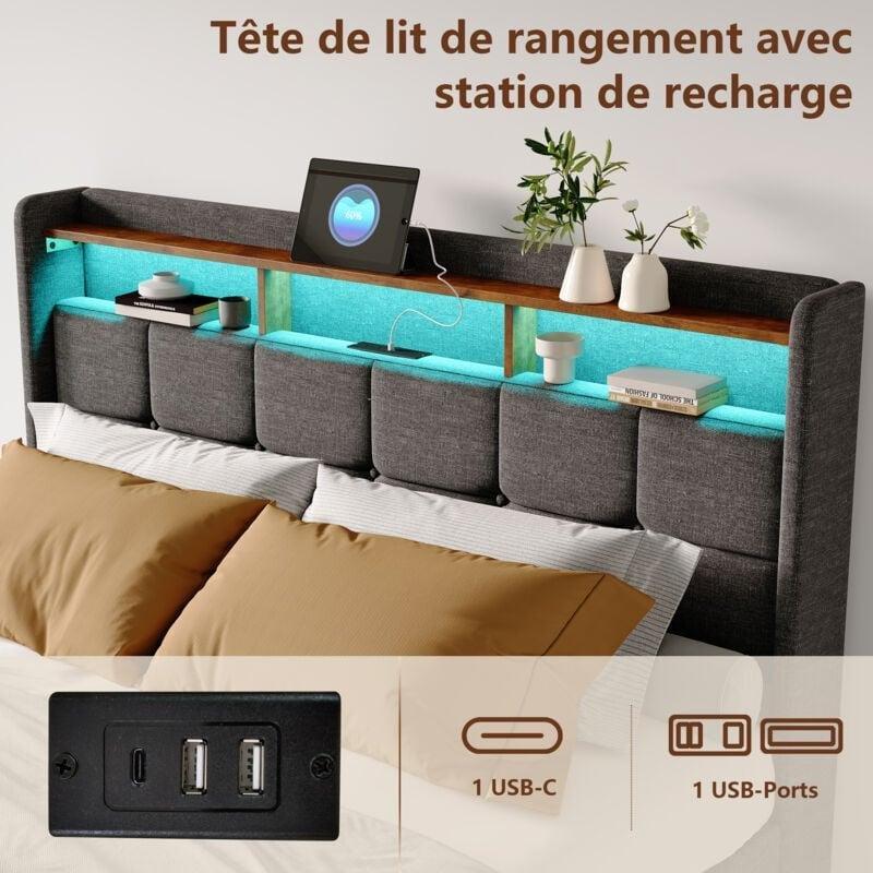 Gri Keten Kumaş USB Şarjlı LED Işıklı Çekmeceli Raflı Başlıklı Baza - 140x200 cm - 143784