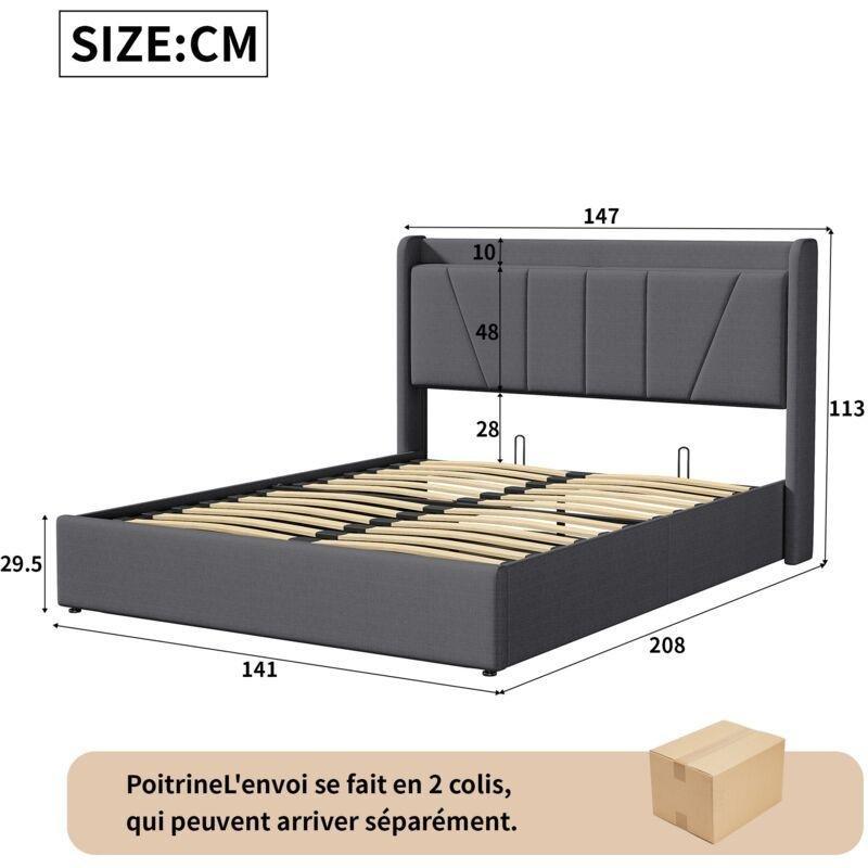 Gri Keten Kumaş USB ve Type-C Şarj Portlu Hidrolik Amortisörlü Sandıklı Baza - 140x200 cm - 144001