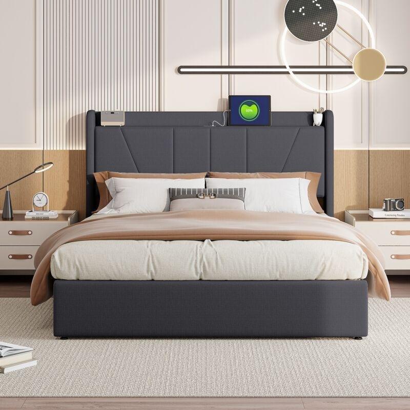 Gri Keten Kumaş USB ve Type-C Şarj Portlu Hidrolik Amortisörlü Sandıklı Baza - 140x200 cm - 144001