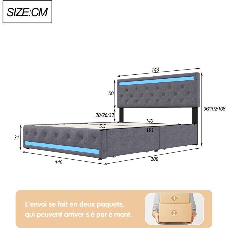 Gri Keten LED Işıklı USB & Type-C Şarjlı 4 Çekmeceli Baza - 140x190 cm - 143764