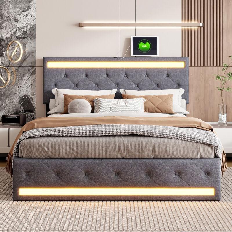 Gri Keten LED Işıklı USB & Type-C Şarjlı 4 Çekmeceli Baza - 140x190 cm - 143764