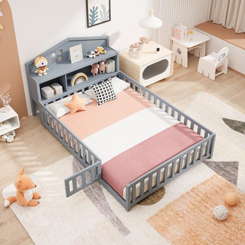 Gri Masif Ahşap Kitaplıklı ve Yazı Tahtalı Montessori Karyola - 142x229 cm - 142654