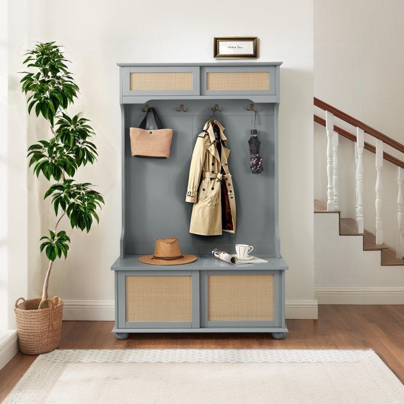 Gri Masif Ahşap ve MDF Rattan Kapaklı Oturaklı 4 Askılı Portmanto Vestiyer - 103 cm - 159505