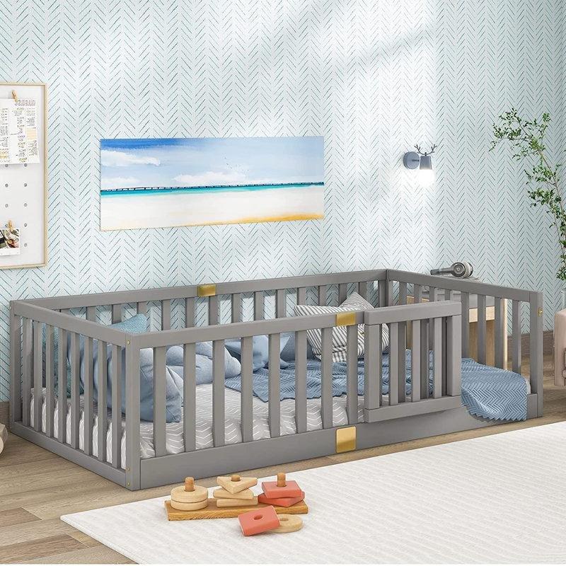 Gri Masif Çam Ahşap Korumalı Kapılı Montessori Karyola - 145x199 cm - 142606