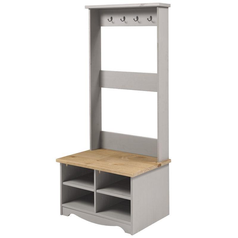 Gri Masif Çam Ahşap Oturaklı ve Ayakkabılıklı Portmanto Vestiyer - 80 cm - 159616