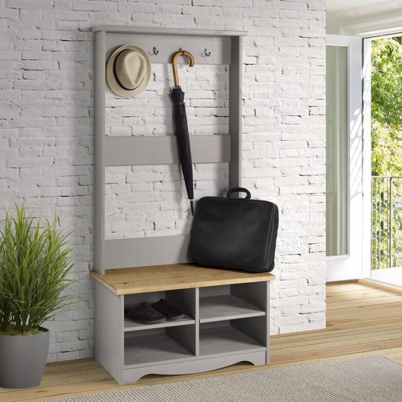 Gri Masif Çam Ahşap Oturaklı ve Ayakkabılıklı Portmanto Vestiyer - 80 cm - 159616