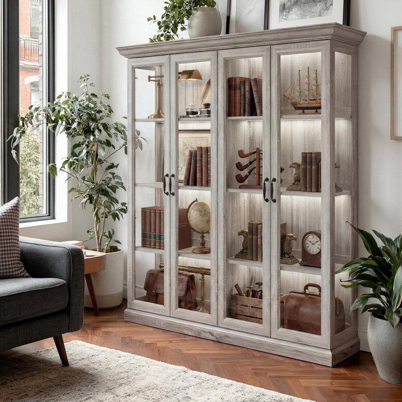 Gri Masif ve Endüstriyel Ahşap 4 Cam Kapaklı LED Aydınlatmalı Vitrin Gümüşlük - 174x41x176 cm - 156793