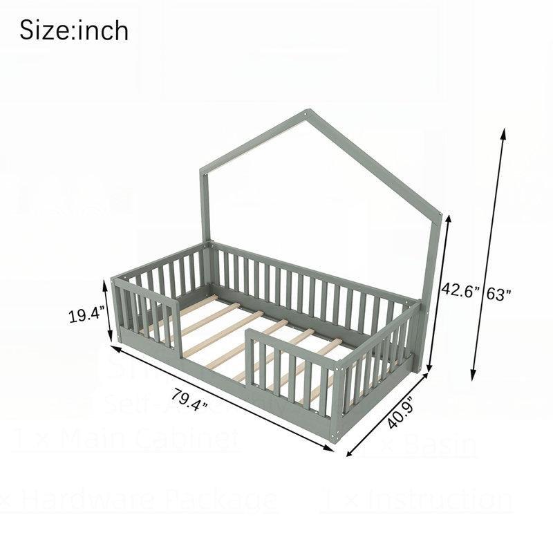 Gri Masif ve Endüstriyel Ahşap LED Işıklı Yüksek Korkuluklu Ev Tasarımlı Montessori Karyola - 104x202 cm - 142645
