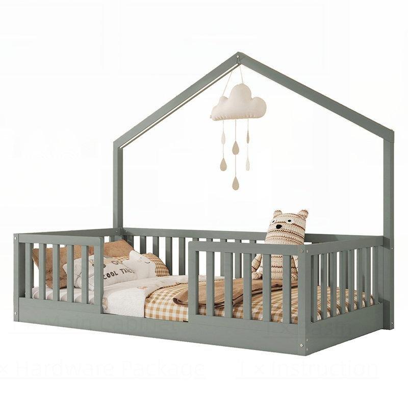 Gri Masif ve Endüstriyel Ahşap LED Işıklı Yüksek Korkuluklu Ev Tasarımlı Montessori Karyola - 104x202 cm - 142645