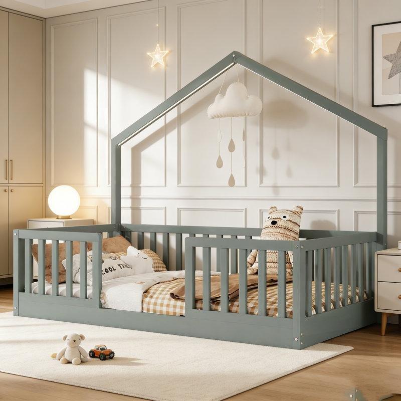 Gri Masif ve Endüstriyel Ahşap LED Işıklı Yüksek Korkuluklu Montessori Karyola - 104x202 cm - 142684