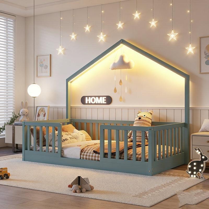 Gri Masif ve Endüstriyel Ahşap LED Işıklı Yüksek Korkuluklu Montessori Karyola - 104x202 cm - 142684