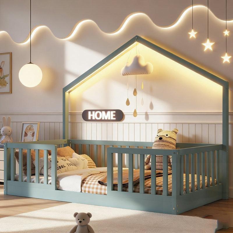 Gri Masif ve Endüstriyel Ahşap LED Işıklı Yüksek Korkuluklu Montessori Karyola - 104x202 cm - 142684