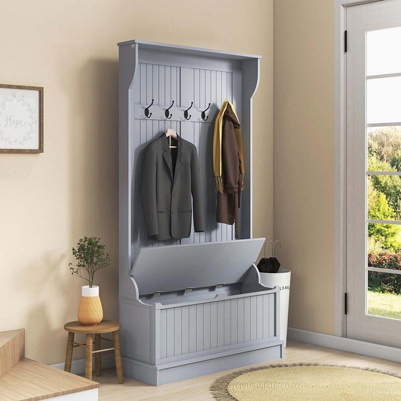 Gri MDF Oturaklı ve Ayakkabılıklı Portmanto Vestiyer - 97 cm - 159562