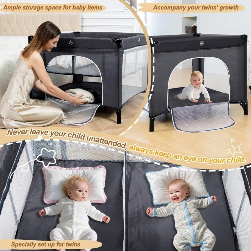 Gri Metal Katlanabilir Tekerlekli İkiz Bebek Anne Yanı Beşik - 99x99 cm - 161788