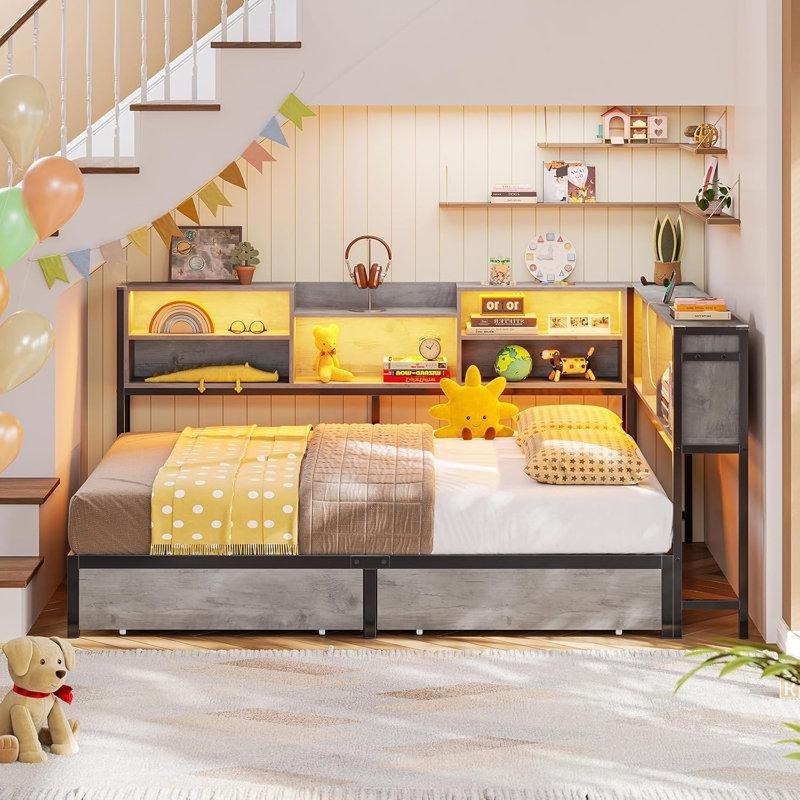 Gri Metal LED Işıklı Şarj İstasyonlu Raflı Çekmeceli Köşe Divan Karyola - 142858