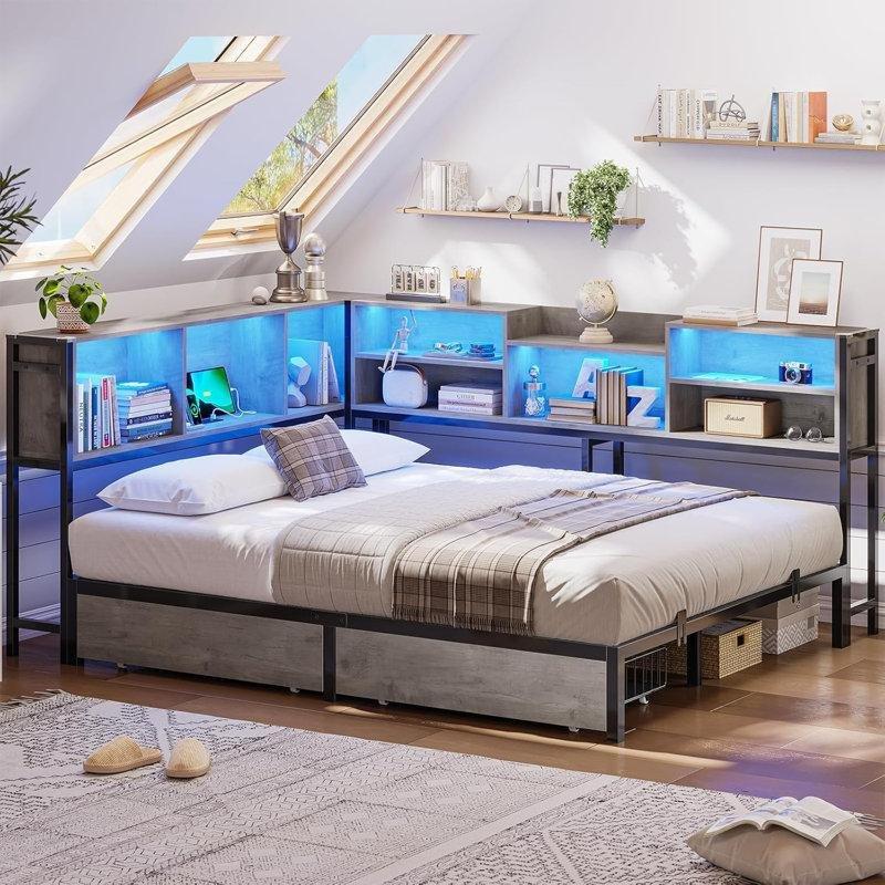 Gri Metal LED Işıklı Şarj İstasyonlu Raflı Çekmeceli Köşe Divan Karyola - 142858