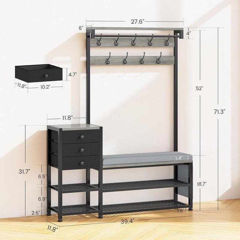 Gri Metal ve Ahşap Oturaklı Çekmeceli 9 Askılı Raflı Portmanto Vestiyer - 101 cm - 159595